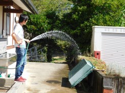 花壇に水をやる教員