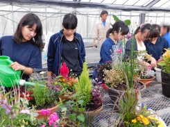 完成した寄せ植えに水をやる学生ら