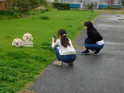 芝生の上にアレンジを置き写真撮る学生ら