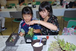 生涯学習講座を受講する小学生に多肉植物の寄せ植えを指導する学生