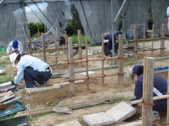 ３級造園技能士検定実技試験の練習をする学生