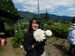 顔ほどの大きさのダリアを収穫した学生