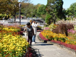 公園内の花壇の調査をする学生ら