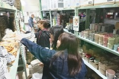 生花市場の資材店を見学する学生ら